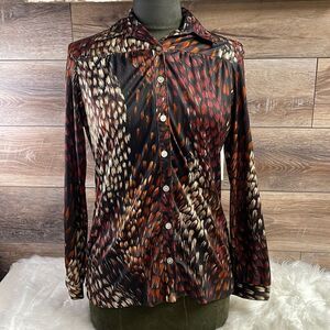 Miami International Ladies Vintage 70’s Button Up Dress Shirt Sz Small Brown